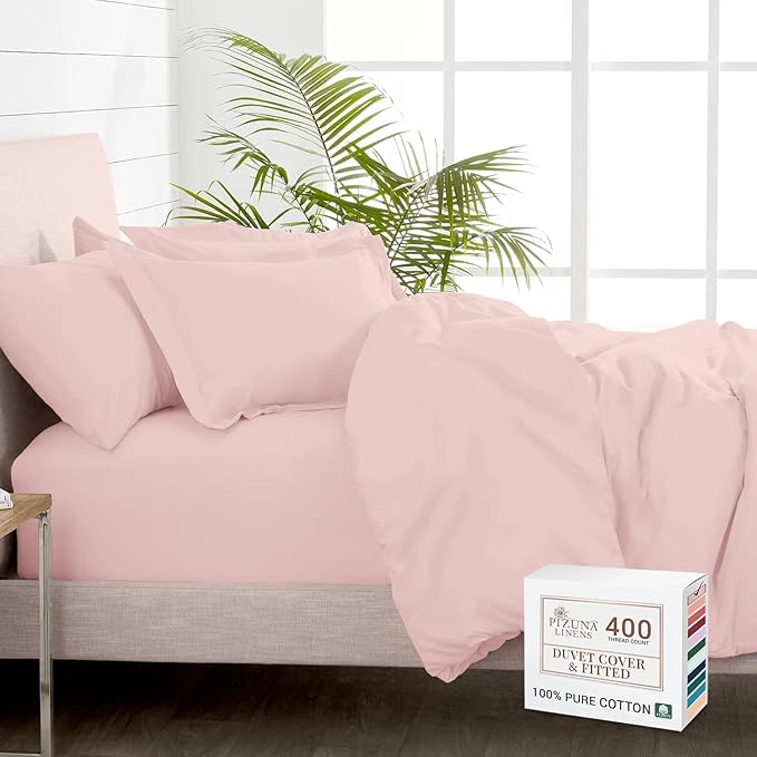 Pizuna 100% Cotton Full 3 Pc Duvet Cover + 1 Pc Fitted Sheet Set 400 Thread Count Light Pink Sateen Weave Luxurious Long Staple Cotton 4 Piece Bedding Set-1 Duvet Cover, 2 Pillow Shams, 1 Fitted Sheet
