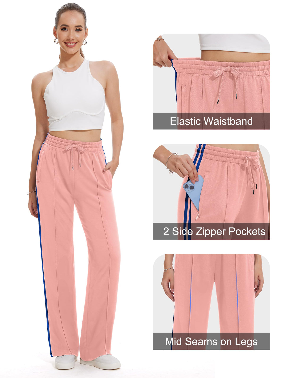 Tapata Petite Women's 28" Inseam Track Pants Elastic Waistband Y2K with Zipper Pockets Dance Studio Sweatpants, Pink, S