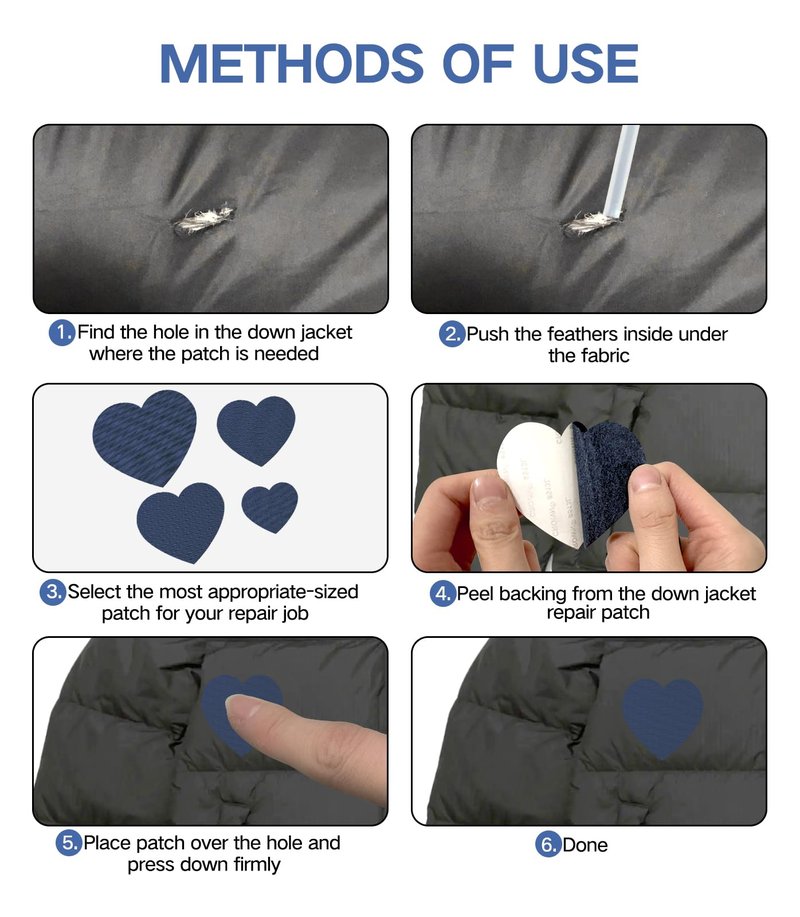 20Pcs Down Jacket Repair Patches Dark Blue Waterproof Self Adhesive Pre-Cut Nylon Repair Patches Kit for Jackets Coats Clothing Tents Sleeping Bags, Heart