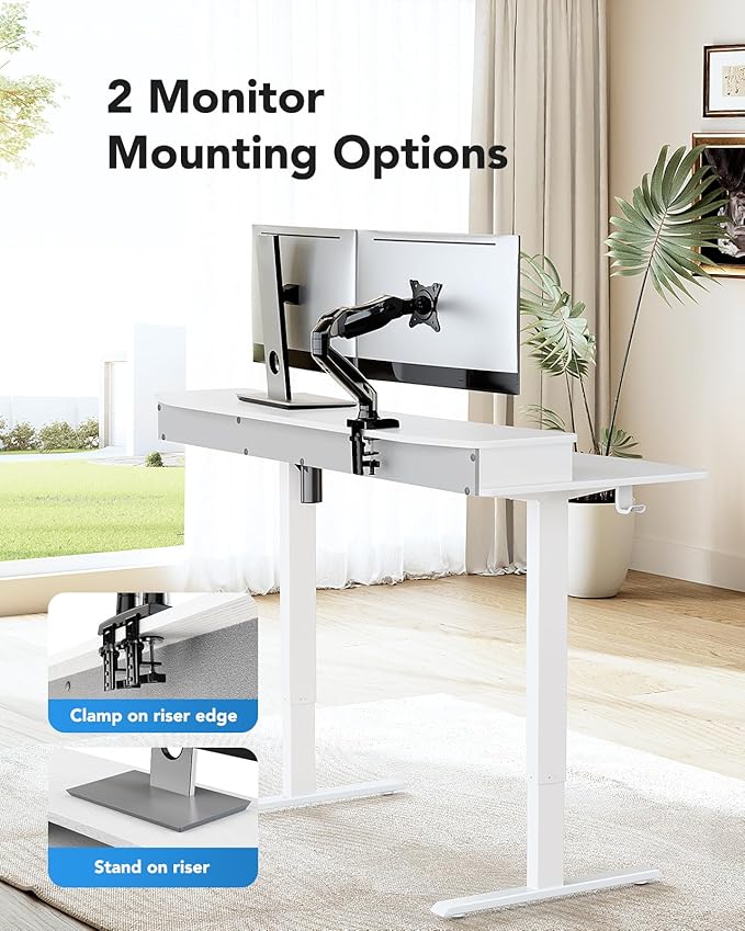 HUANUO 60″ x 30″ Electric Standing Desk with 2 Drawers, C-Clamp Mount Compatible, Height Adjustable Computer Desk, Home Office Stand Up Desk with 4 Preset Heights & 2 Hooks, White