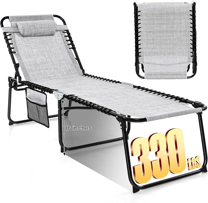 GYMAX Lounge Chairs for Outside, Extra High Folding Beach Tanning Lounger with Adjustable Backrest, Footrest & Removable Pillow, Sunbathing Lounge for Patio, Poolside (1, Grey with Pocket)