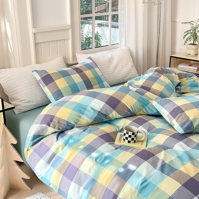 FACE TWO FACE Bedding Duvet Cover Set100% Washed Cotton Duvet Cover Linen Like Textured Breathable Durable Soft Comfy (King, Yunxi Blue)