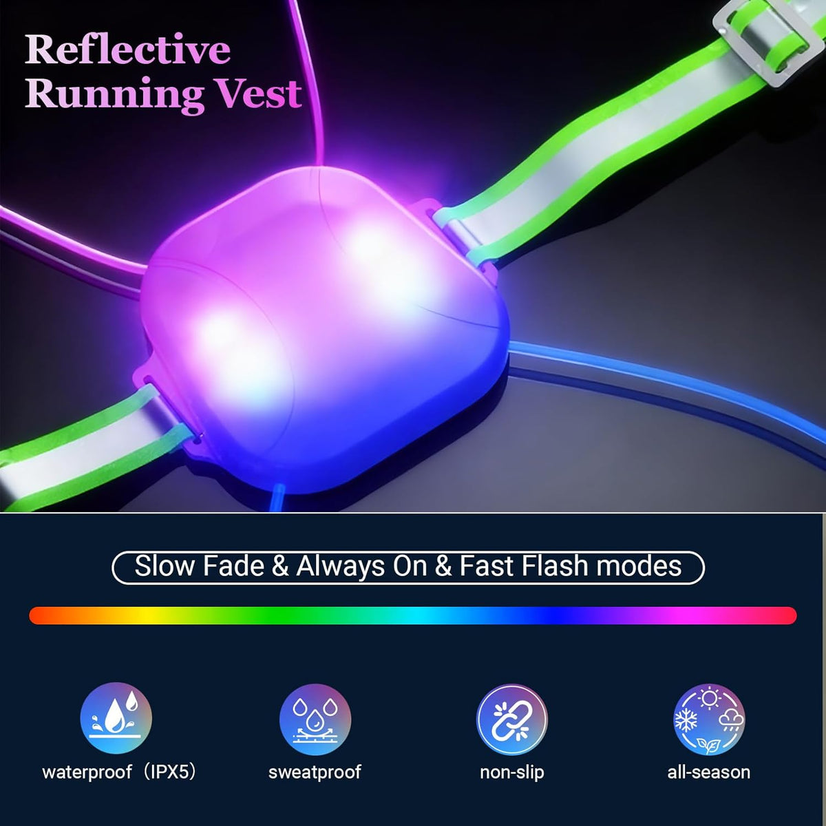 Skiennix Reflective Running Vest - Rechargeable LED Gear with 3 Modes & 7 Colors | Adjustable Safety Vest for Night Running, Cycling, Hiking (Large)