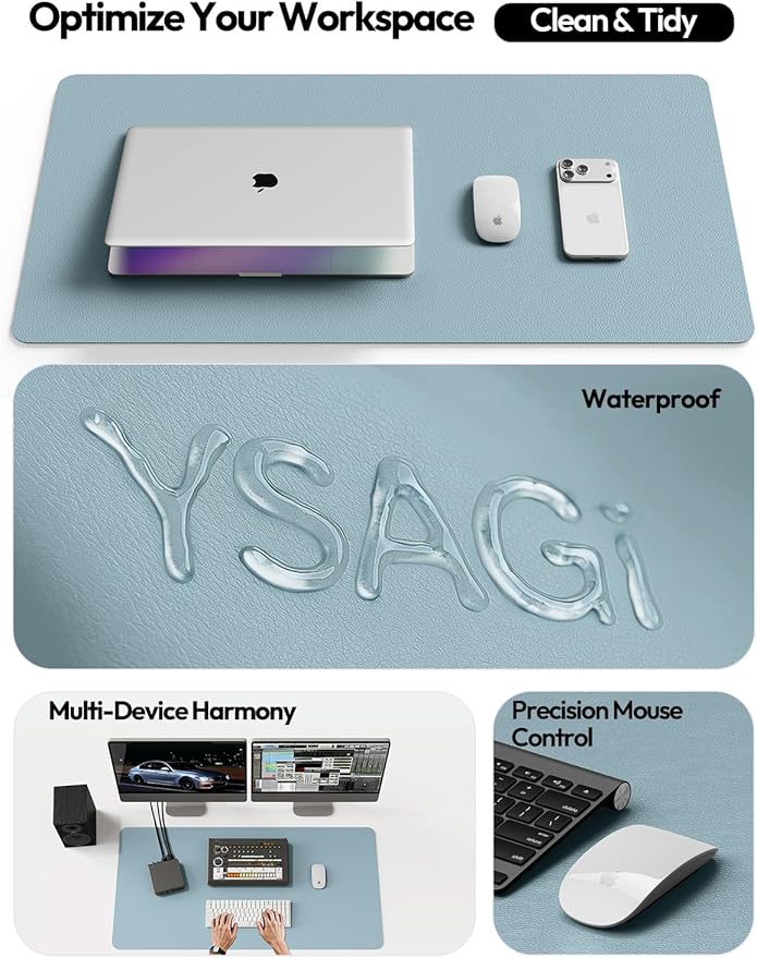 YSAGi Leather Desk Protector, Office Mat, Large Mouse Mat, Non-Slip PU Leather Blotter, Laptop Desk Pad, Waterproof Writing Pad for Office and Home (Ice Blue, 31.5" x 15.8")