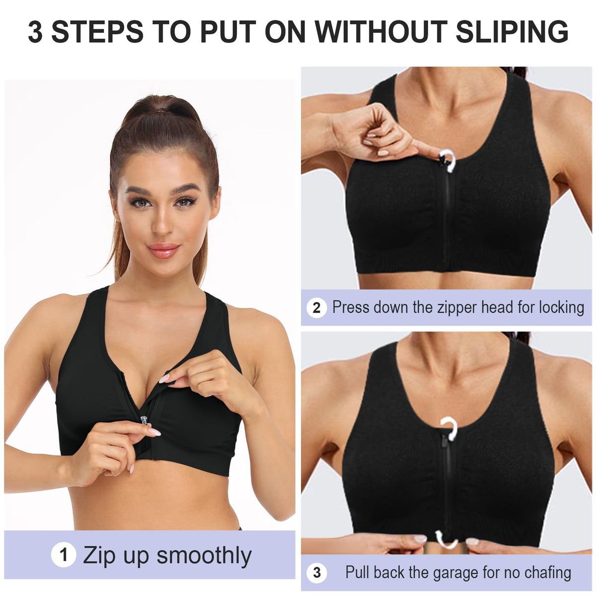 Women's Zip Front Sports Bra - Wireless, Padded, Open Front, Racerback - Comfortable Yoga & Workout Bras - Plus Size (XX-Large) 3 Pack (Black+Flesh+Purple)