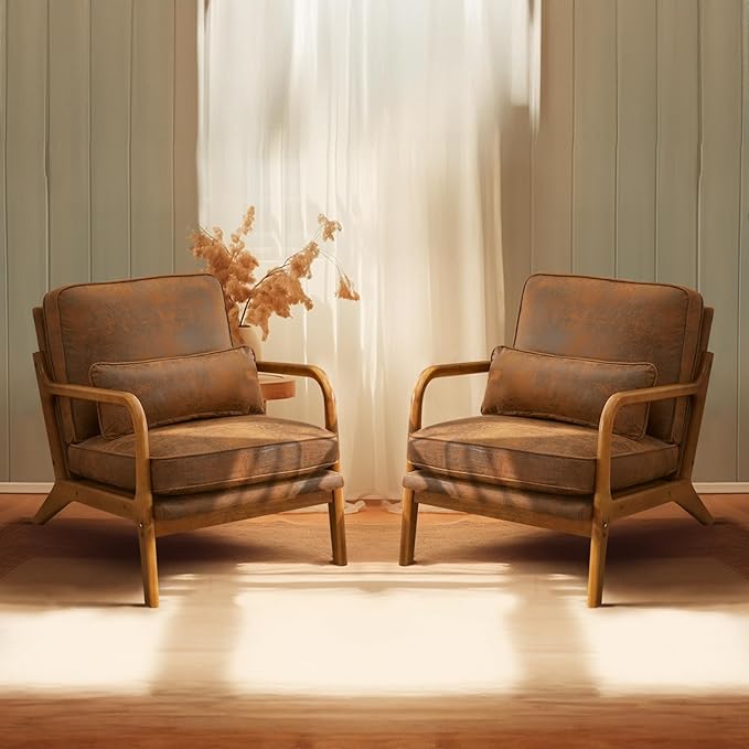 Bonnlo Microfiber Rustic Accent Chairs Set of 2, Upholstered Mid Century Modern Lounge Chairs Reading Chairs Side Sitting Chair Solid Wood Farmhouse Armchairs for Living Room, Bedroom, Guest Room