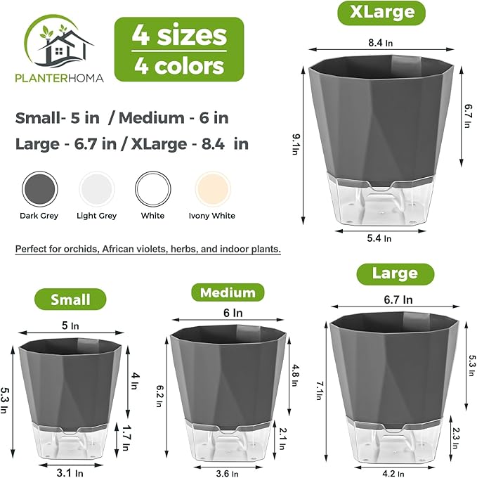 5 Pack Self Watering Pots for Indoor Plants, 6.7 Inches Self Watering Planters African Violet Pots Clear Pots for Herb Orchid Flower Houseplant, Dark Grey