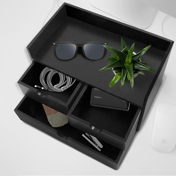 Bamboo Desk Organizer 3 Drawer with Shelf, Countertop Organizer with Drawers Makeup Storage Drawer 3 Drawers Tabletop Storage Organization Box Home Office Workspace（Black）