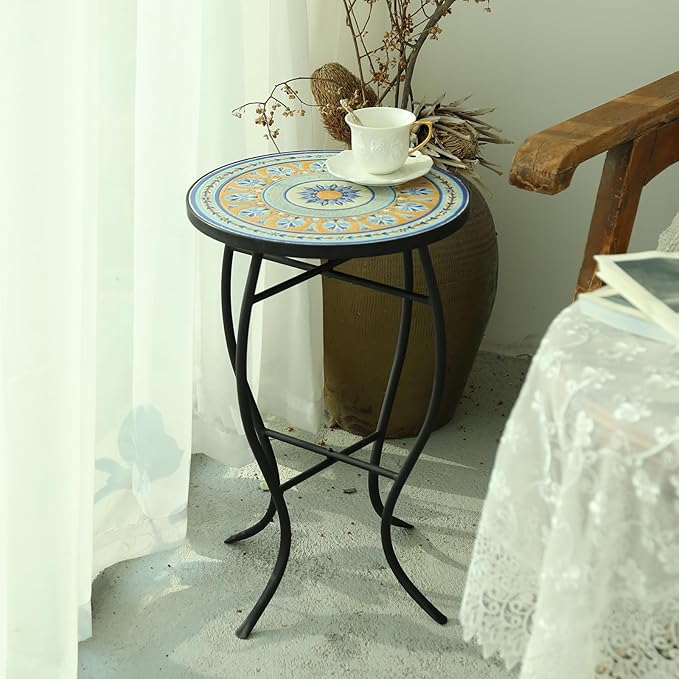 VCUTEKA Mosaic Side Table, 21" Round End Table with 14" Ceramic Tile Top, Patio Accent Table Indoor and Outdoor End Table for Yard, Garden, Living Room, Bistro Balcony or Lawn
