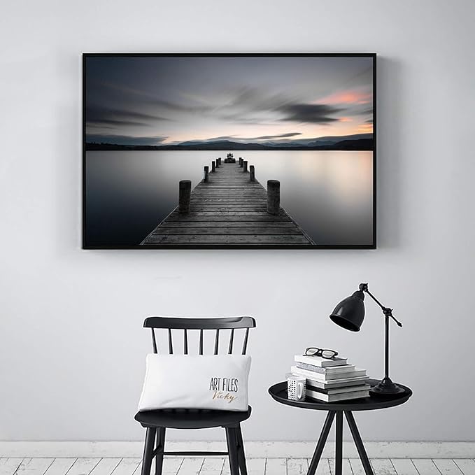 Canvas Wall Art Lake Pier: Vintage Wooden Dock in Calming Dawn Picture Painting Print with Deep Black Sturdy Framed for Living Room (45'' x 30'' x 1 Panel)