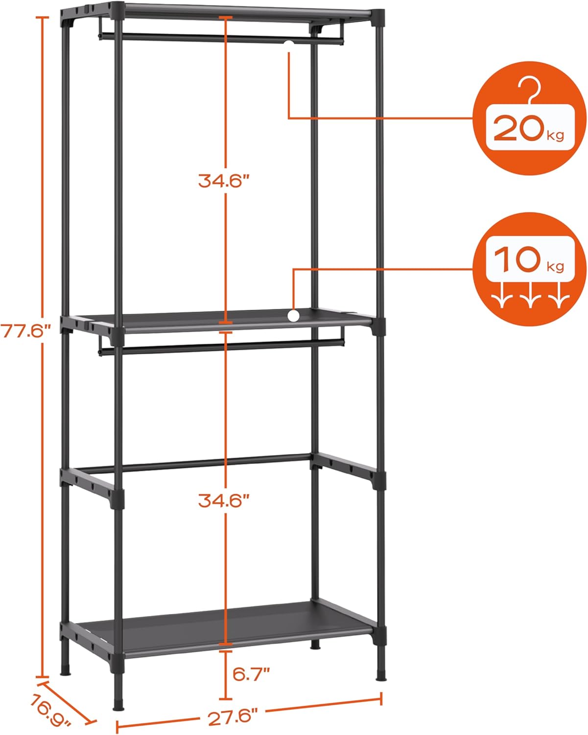 Clothes Rack, Portable Closet, 27.6 Inch Wardrobe Closet, Clothes Storage Organizer with Shelves and 2 Hanging Rods, Easy to Assembly, Black PCT001B01