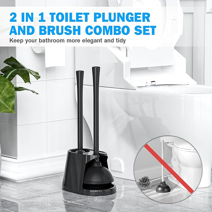 Toilet Plunger and Brush Set, 2 Pack Bowl Brush and Heavy Duty Toilet Plunger with Ventilated Holder, 2-in-1 Toilet Brush and Plunger Combo for 5.3-inch Toilet Drain Bathroom Deeply Cleaning(Black)