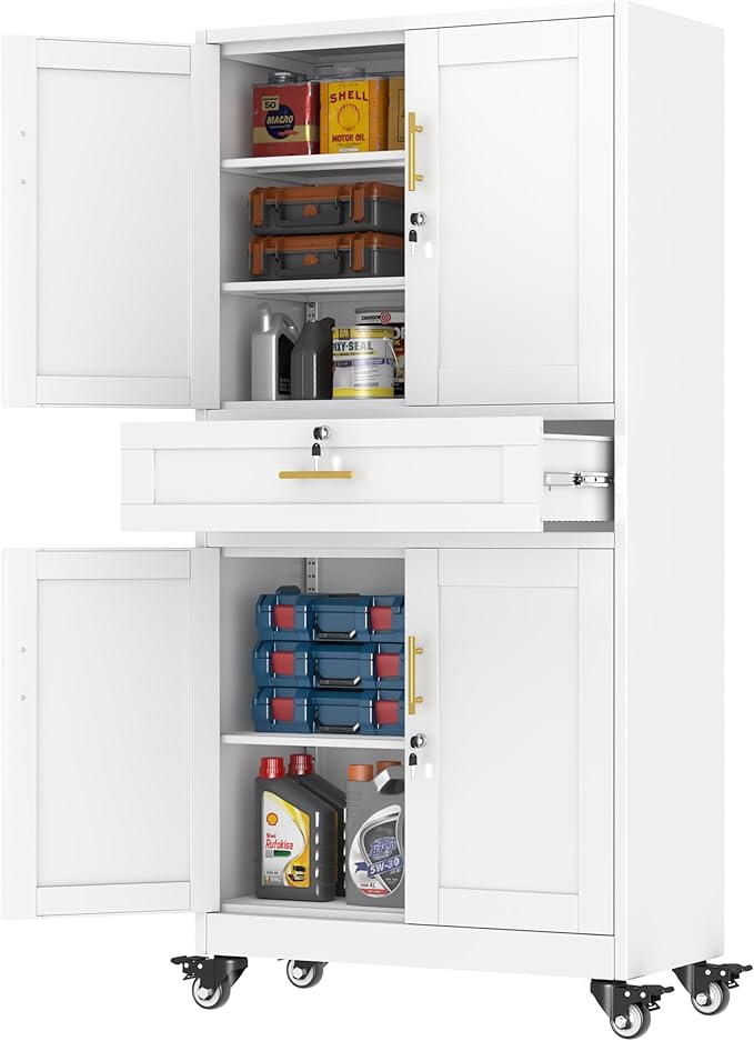 Metal Tall Storage Cabinet with Drawer, Garage Storage Cabinet with Locking Doors and 3 Adjustable Shelves, 71" H Steel Cabinets for Garage, Home, Office, White, Assembly Required
