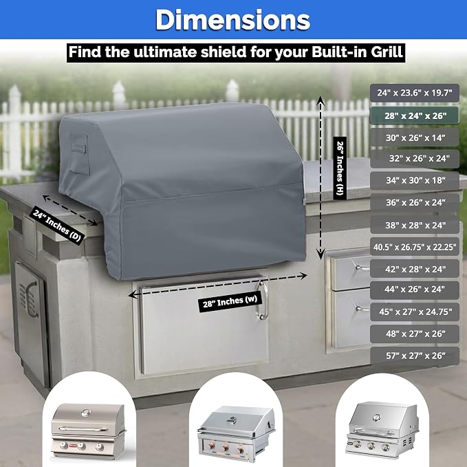 Covers & All Built-in Grill Cover for Outdoor Grill – Heavy Duty 12 oz Waterproof Built-in BBQ Grill Cover, PVC-Coated Polyester with Elastic Hem for Snug Fit (28 x 24 x 26 inches, Grey)