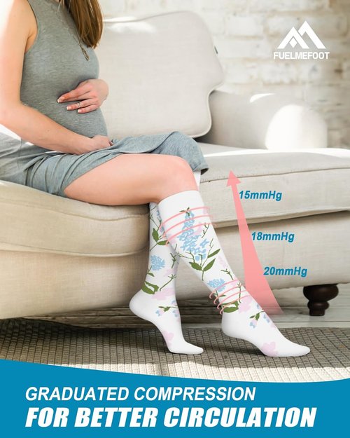 FuelMeFoot Compression Socks - 6 Pairs of 15-20mmHg Knee High Support for Nurses & Athletes