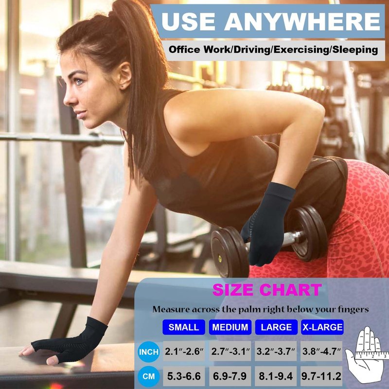 TIZHJOZI 2 Pairs Copper Arthritis Compression Gloves for Rheumatoid, Osteoarthritis, Carpal Tunnel Pain Relief, Compression Hand Gloves for Women & Men,Anti-Slip Fingerless Gloves for Work,Typing (M)