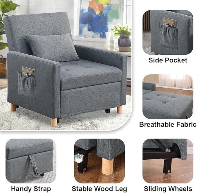 Sleeper Chair,Convertible Sleeper Sofa Chair,Pull Out Sleeper Chair with Adjustable Backrest,Multi-Functiona Lounge Chair for Living Room(Gray)