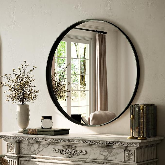 VooBang 24 inch Round Bathroom Mirror, Balck Modern Circle Wall Mounted Mirror