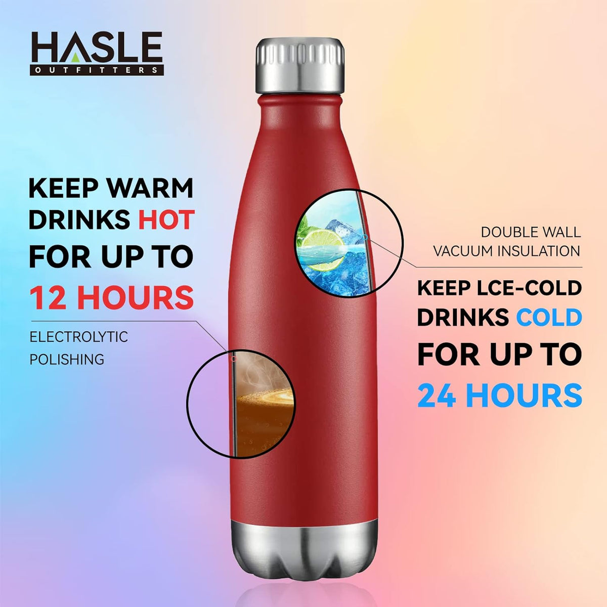 HASLE OUTFITTERS 17oz Stainless Steel Water Bottles, Vacuum Insulated Water Bottles Double Walled Powder Coated Reusable Metal Sports Water Bottles Keep Drinks Hot and Cold, Red, 1Pack
