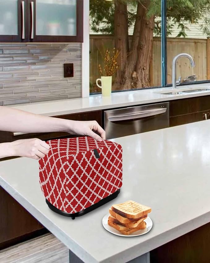 Toaster Cover 2 Slice Moroccan Pattern Toaster Oven Cover with Pockets Geometric Trellis Red Dustproof Bakeware Protector Small Kitchen Appliance Dust Covers and Fingerprint Protection for Women