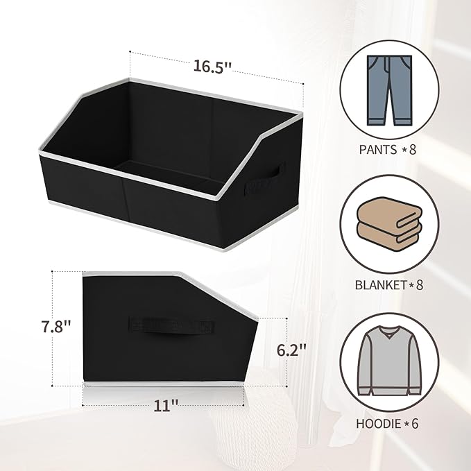 Storage Baskets for Shelves - Trapezoid Cube Storage Organizer Bins, Decorative Storage Baskets with Handles, Large Shelves Organizer for Home, Office, Dorm, Black, 4 Pack