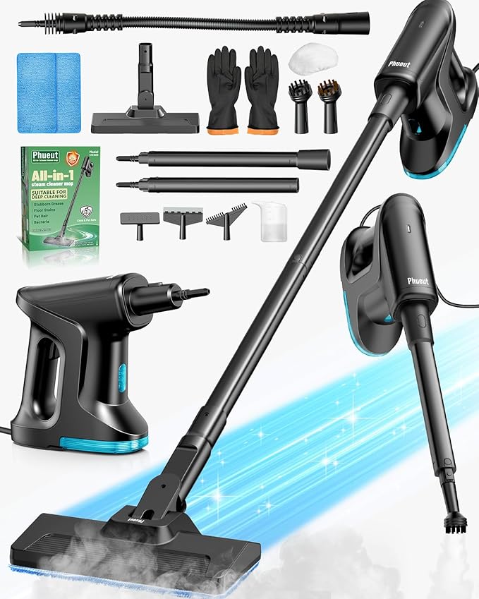 Heavy Duty Steam Mop for Floor Cleaning, 14-in-1 Lightweight Detachable Handheld Steam Cleaner with Multi-Purpose&Powerful, No-Chemical Floor Steamer for Home|Hardwood|Grout|BBQ|Window(Black)