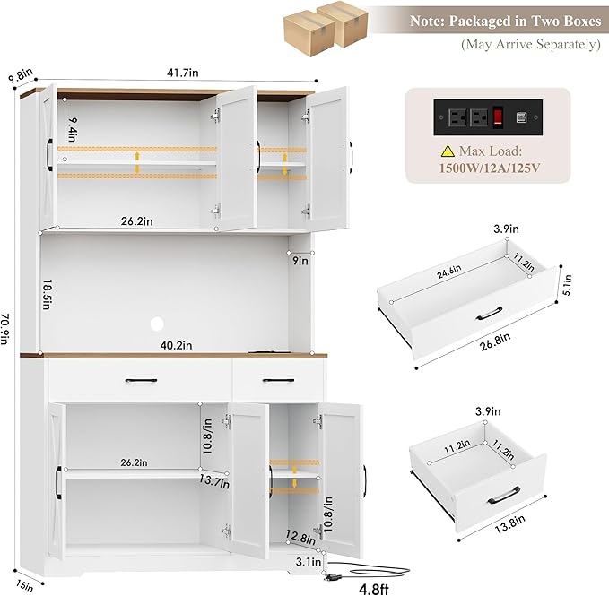 HOSTACK 71" Pantry Cabinet with Charging Station, Tall Kitchen Pantry Storage Cabinet with Microwave Stand, Farmhouse Kitchen Hutch with Storage Drawers for Living Room, Dining Room, White