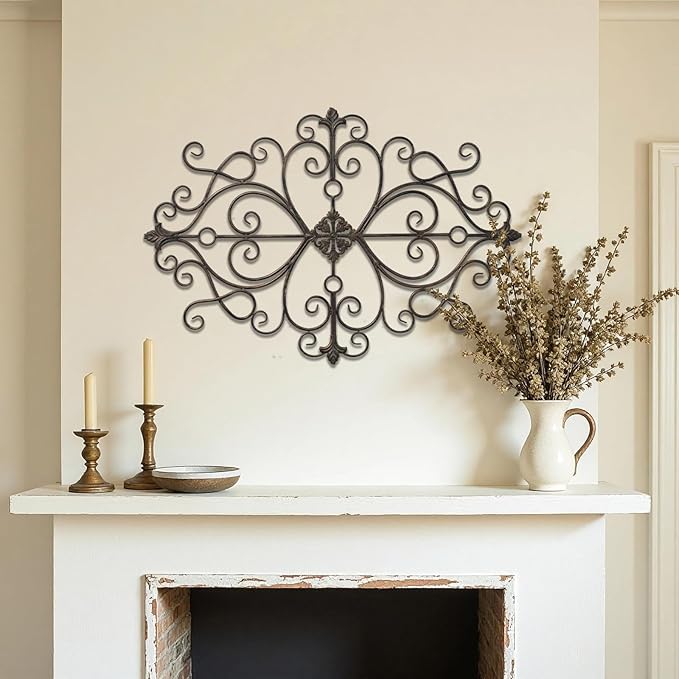 Sintosin Vintage Scroll Wrought Iron Wall Decor 36" x 24", Hanging Distressed Finish Traditional Large Metal Art Wall Decor for Living Room Bedroom Fireplace, Antique Outdoor Metal Home Decor