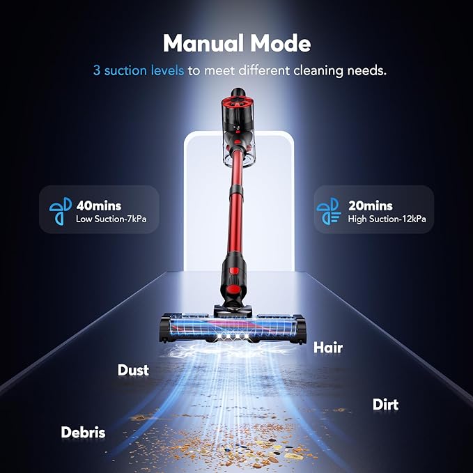 Comvtu Cordless Vacuum Cleaner for Home, 80,000PRM Powerful 4 in 1 Lightweight Stick Vacuum with 2 Adjustable Suctions, Max 40 Mins Runtime, 2600mAh Rechargeable Vacuum Cleaners (Vermilion)