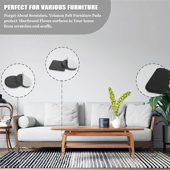 Yelanon Felt Furniture Pads -182 Pcs Premium Felt Pads for Chair Legs Furniture, Floor Protectors for Hardwood Floors, Black