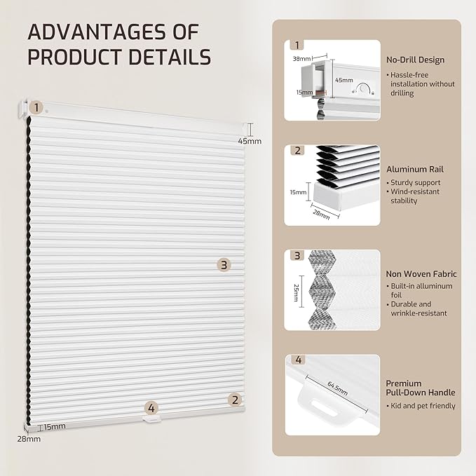 Grandekor No Drill No Tools Cordless Cellular Shades, UV Protection Privacy No