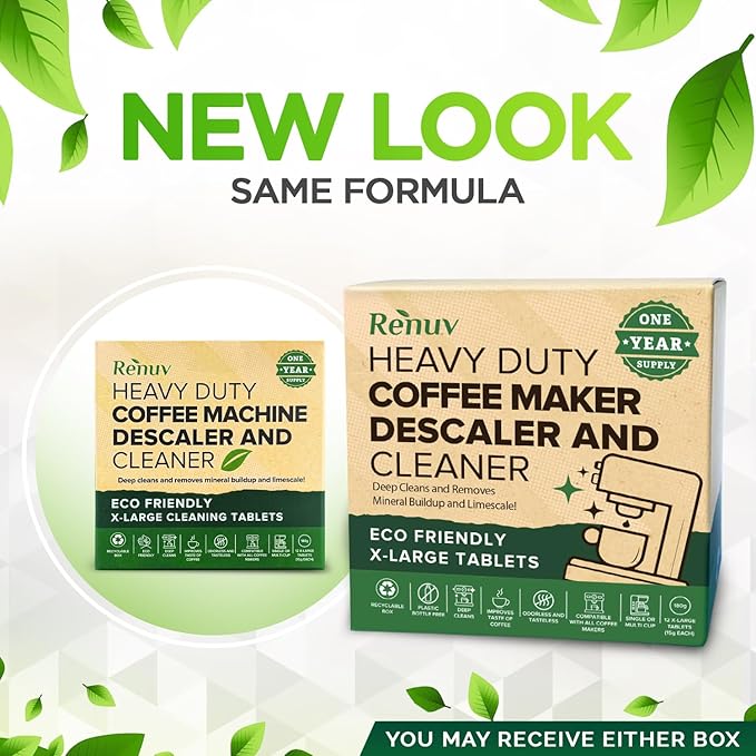 Renuv® Coffee Maker Cleaner & Descaler Tablets, 12 Uses for Keurig, Ninja, Breville, Delonghi, Nespresso, Miele, Jura, Mr Coffee, Cuisinart Descaling Solution for Coffee Pot Maker & Espresso Machines