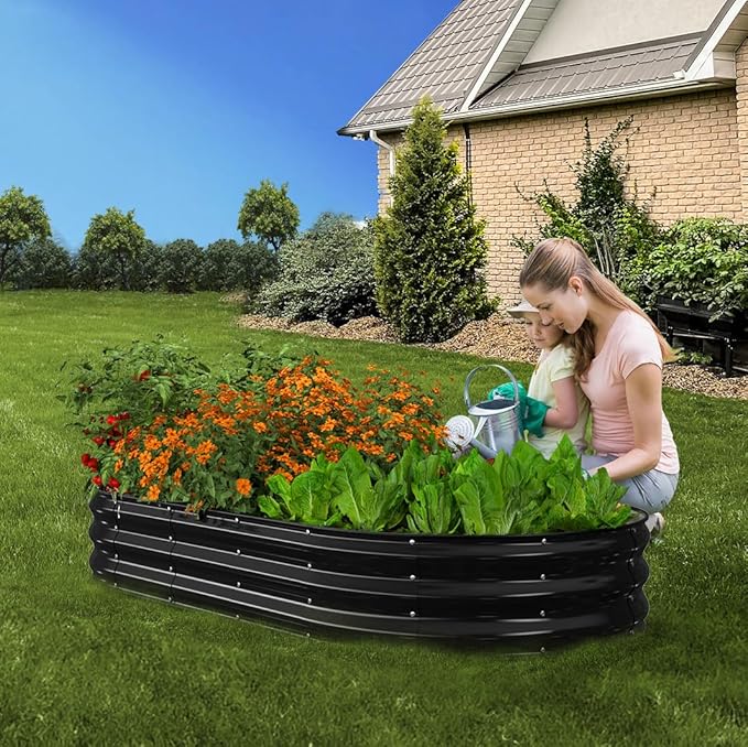 Raised Garden Bed, 6x3x1ft Galvanized Outdoor Planter Beds with Safety Edging and Gloves, Oval Metal Planter Box for Gardening Vegetables Flowers Herb-Black