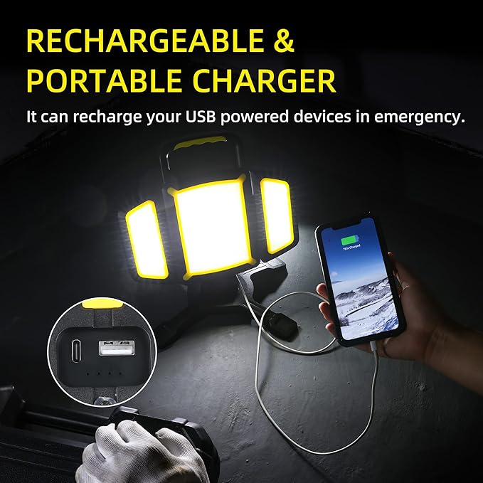Yzoni Rechargeable Work Light, 30W 3000Lumen LED Work Light with 5 Modes, Battery Powered Magnetic Lights with 360°Rotate Foldable Design, Job Site Lighting for Car Repair, Garage, Workshop, Camping
