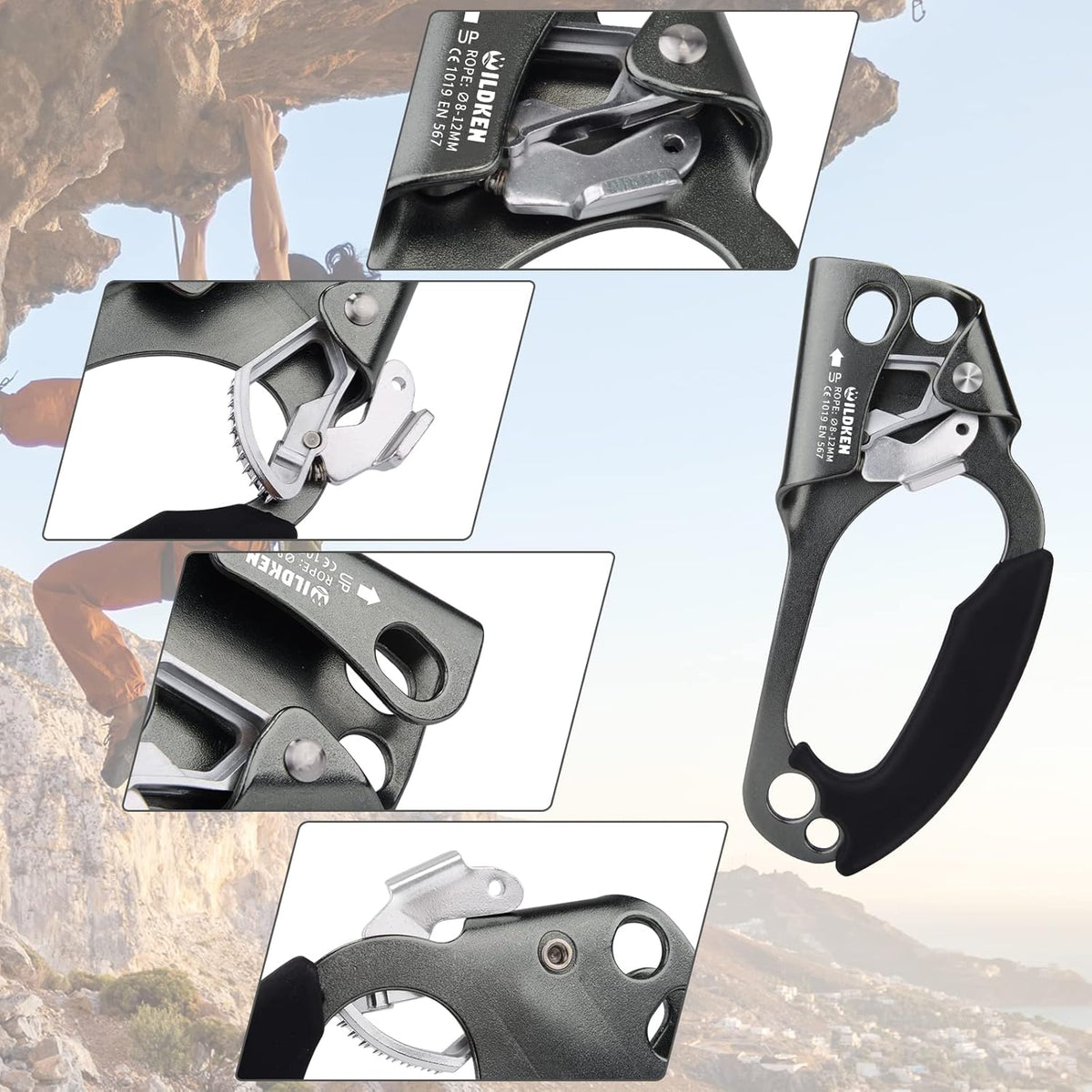 WILDKEN Climbing Hand Ascender Outdoor Mountaineering Tree Arborist Climbing Rappelling Equip Hand Ascender for 8-14MM Rope Left Right Hand Ascender