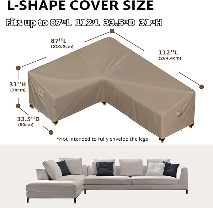 iBirdie Outdoor Patio Furniture Cover fit 87" x 112", 85" x 110", 84" x 108" L-Shaped Sectional Sofa, Waterproof Weatherproof Heavy Duty 600D Garden Cover for Outside L Shape Couch, Brown