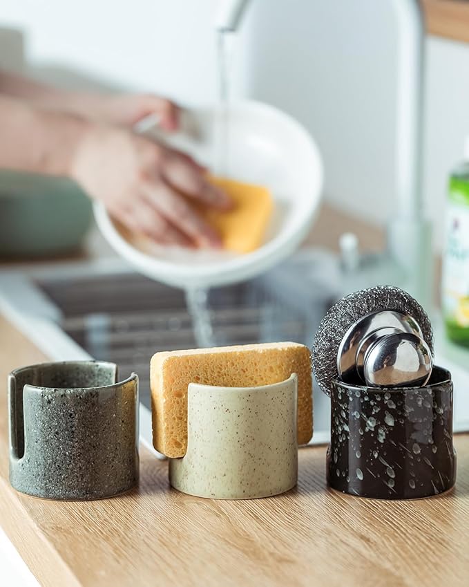 Sponge Holder for Kitchen, Ceramic Sink Caddy Scrub Sponge Rack Dish Rack Scrubbers Holder for Kitchen Sink, Bathroom, Black