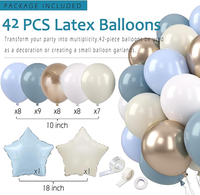 Dusty Blue Beige Champagne Women Birthday Decorations, Boho Neutral Boys Girls Blue Party Décor With Fog Cream Gold Balloons,Happy Banner Garland,Paper Lanterns, Honeycomb Tissue Pom Poms For Adults