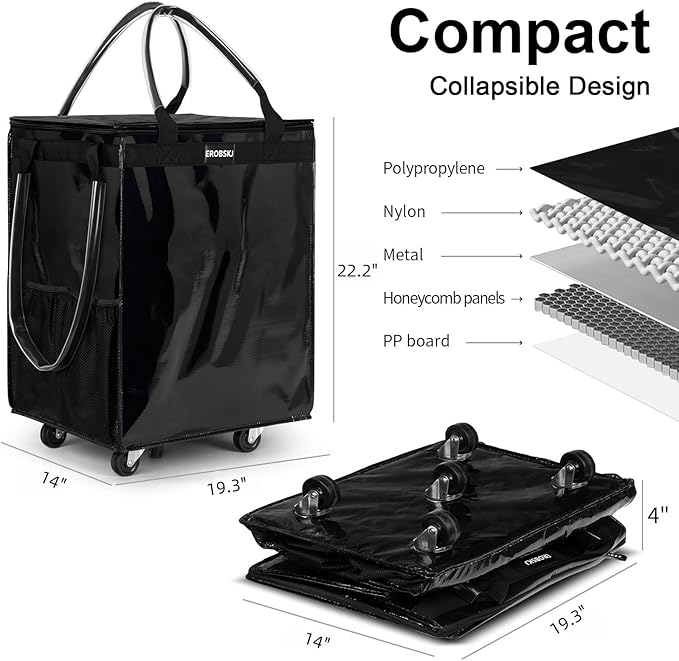 (Large,Black) Reusable Grocery Bag on Wheels, Foldable Rolling Tote, Carries Up to 76 lbs Shopping Trolley, Zipper Clouser Shopping Carts for Trips, Laundry, 5 Heavy Duty Wheels and 3 Handles