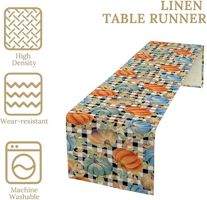 Fall Pumpkin Table Runner Black White Plaid Maple Leaves Watercolor Illustration Rustic Thanksgiving Home Decor for Farmhouse Indoor Outdoor Party Holiday Dining Kitchen Restaurant Cafe W13xL36in
