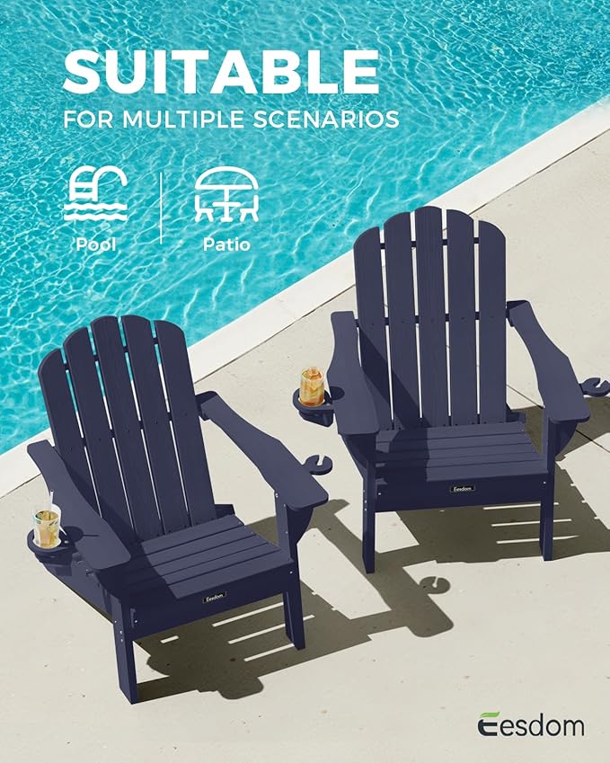 Adirondack Chairs Set of 2, HDPE Material Fire Pit Chairs, Plastic Adirondack Chairs with 2 Cup Holder, Outdoor Lawn Chair for Patio Garden, Dark NavyBlue