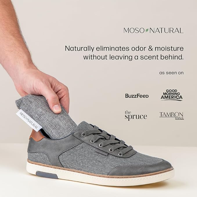 Moso Natural Shoe Deodorizer Inserts, Charcoal Odor Absorber for Shoes, Gym Bag & Boot Deodorizer, Long-Lasting Shoe Odor Elimination, Unscented Air Purifying Bags (Two Per Pack. 4 Total)