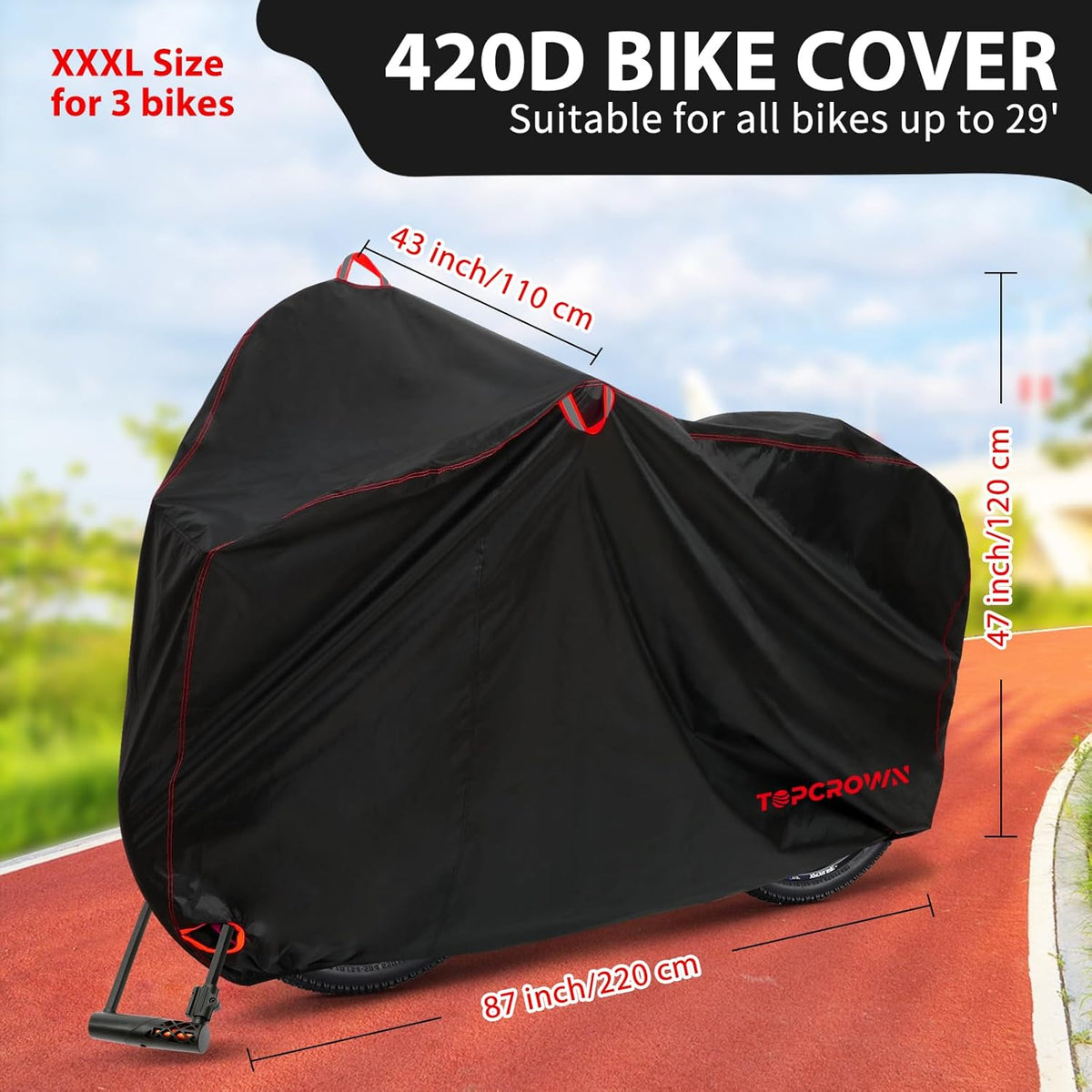 Topcrown Waterproof Bike Cover - Outdoor Storage for 3 Bikes | UV & Dust Protection, XXXL Size (Black & Red)