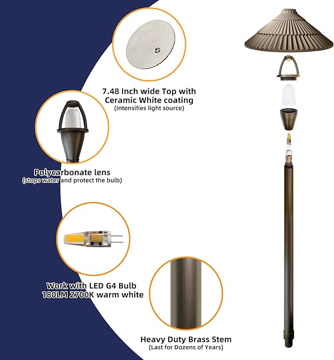 Solid Cast Brass Pathway Lights, 12V Low Voltage Landscape Lighting LED Path Lights with G4 Bulb for Outdoor Walkway, Garden, 23" Tall, 7.5" Shade