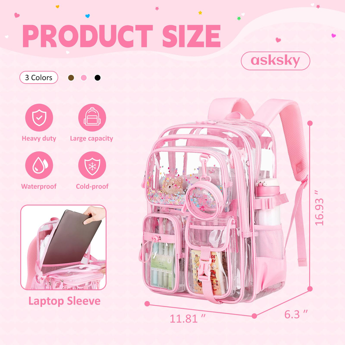 ASKSKY Clear Backpack for Girls School Clear Bookbag Stadium Events Heavy Duty Transparent Back Pack, Pink