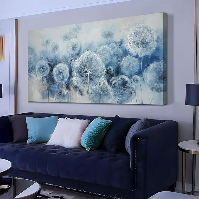 Arjun Flower Wall Art Indigo Blue Dandelion Floral Canvas Painting Watercolor White Textured Modern Artwork Large Framed for Living Room Bedroom Dinning Room Bathroom Home Office Wall Decor, 48"x24"