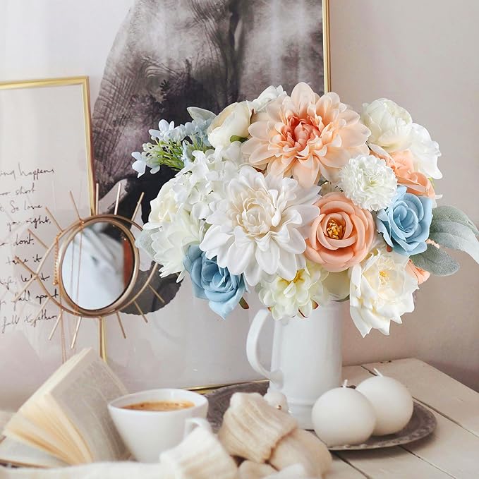 AGIRL Artificial Flowers Combo Silk Mix Blue Fake Flower with Stems for DIY Wedding Bouquets Centerpieces Arrangements Table Chair Decor Baby Shower Home Decor (Champagne Blue)