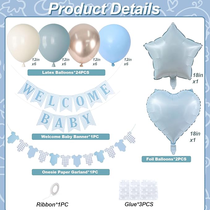 Dusty Blue Baby Shower Decorations Oh Welcome Baby Boys Balloon Set with Star Heart Foil Balloons Bunting Banner Bodysuit Garland Boho Pastel Blue Gold White Sand Gender Reveal Party Decor for Girls