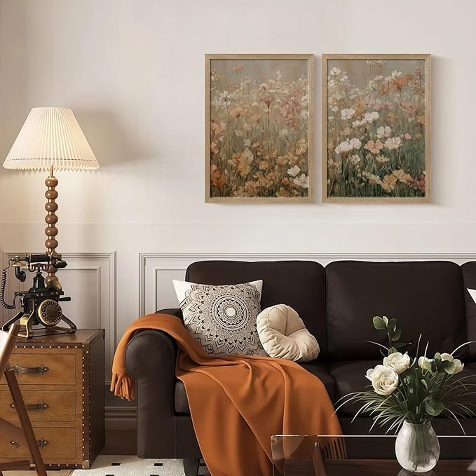 Framed Vintage Canvas Wall Art Modern Floral Poster Picture Countryside Painting Nature Landscape Contemporary Home Print Living Room Gallery Office Ready to Hang 12x16 Inch x2