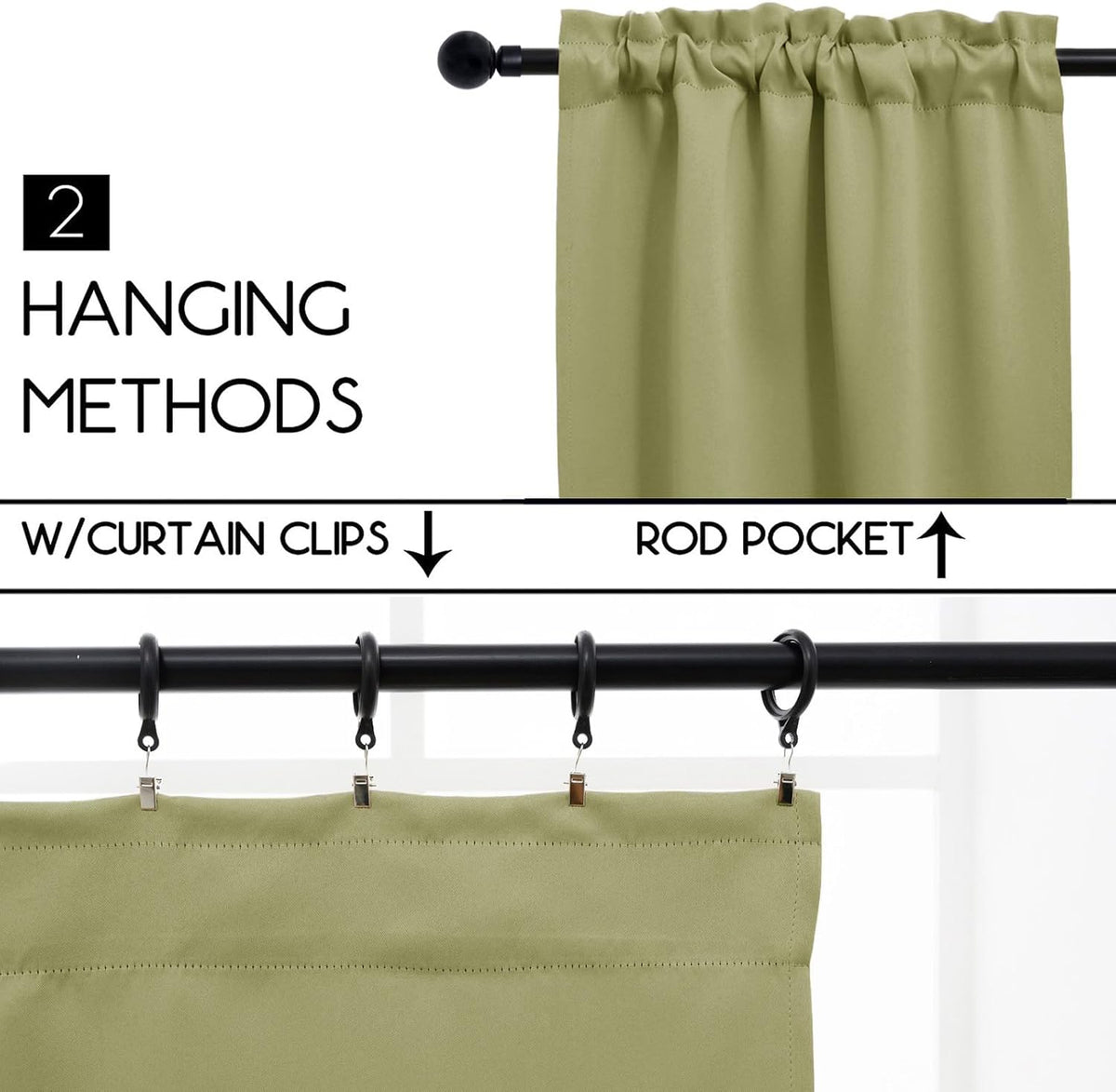Pickluc Cafe Curtain (Half Window Curtain) 24 Inches Length, Rod Pocket Kitchen Curtain, Short Blackout Curtain for Small Window, 30" Wide and 24" Long, Sage Green, 2 Panels